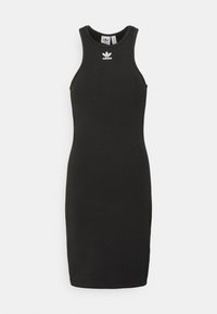 Black sleeveless dress made of cotton. Fitted design with a round neckline. Features a small white Adidas logo on the chest.
