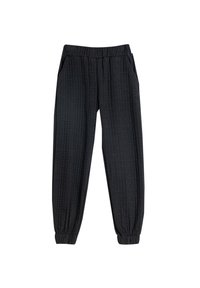 Sorte joggebukser med tekstureret stof, elastisk talje, sidelommer og elastiske manchetter ved anklerne.