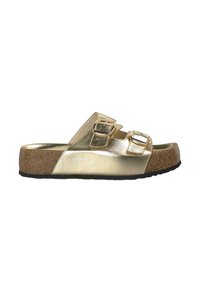 Sandali slide metallici dorati con due fibbie regolabili, soletta in sughero e suola in gomma nera texturizzata.