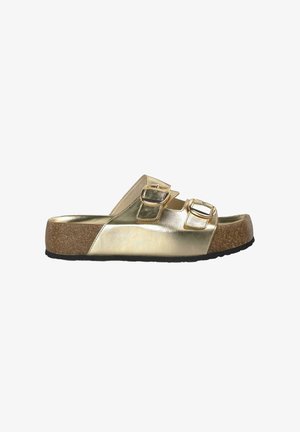 Gouden metallic slipper sandalen met twee verstelbare gespen, kurken platformzool en tekstuurrubber buitenzool.