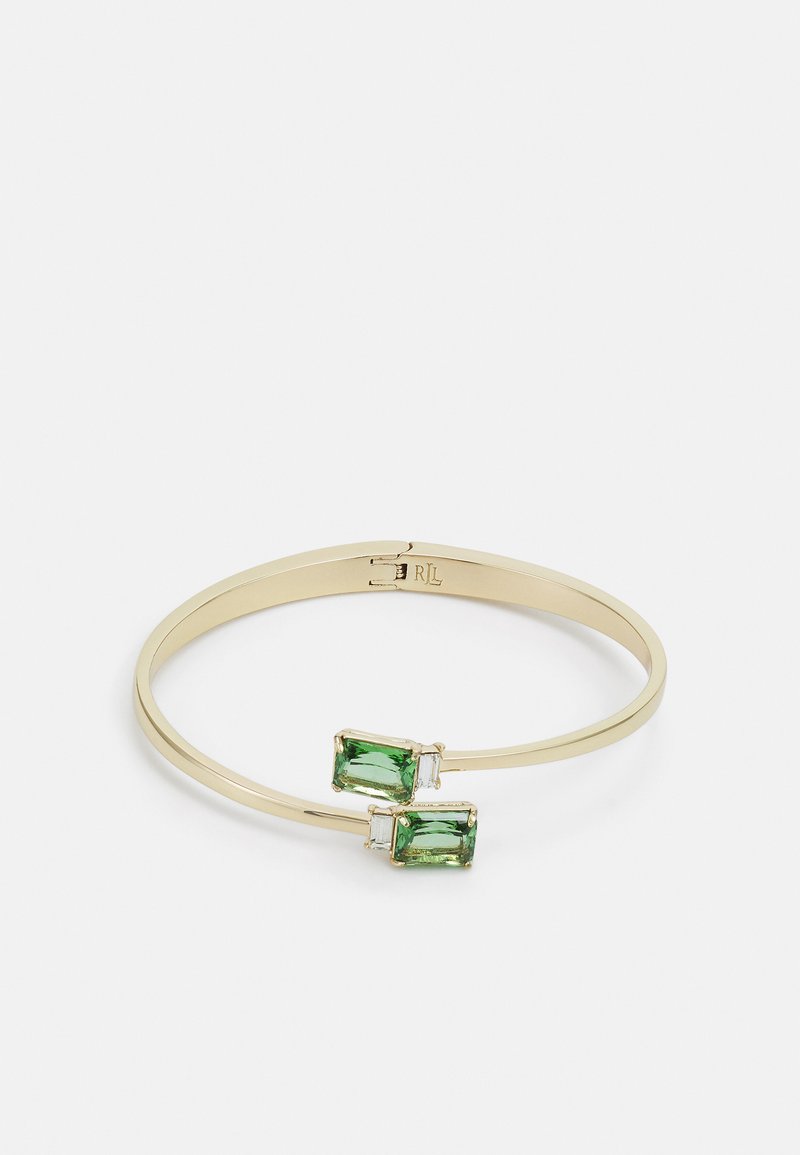 Bracciale in oro con due pietre verdi rettangolari, dal design elegante e finitura lucida, che mette in risalto un'estetica minimalista.