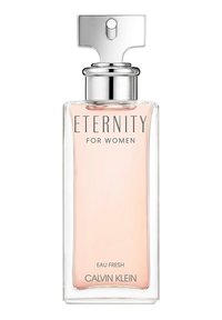 Genomskinlig glasflaska med rektangulär form, silverlock, ljusrosa vätska, märkt "Eternity for Women, Eau Fresh, Calvin Klein."