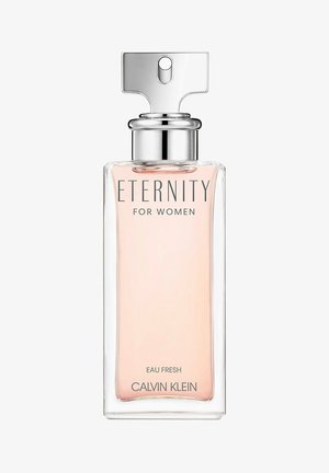 Genomskinlig glasflaska med rektangulär form, silverlock, ljusrosa vätska, märkt "Eternity for Women, Eau Fresh, Calvin Klein."