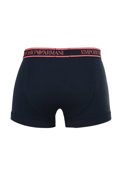 Boxer da uomo neri con fascia in vita rossa con il marchio Emporio Armani, mostrati di schiena su sfondo bianco.