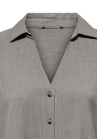 Gray button-up shirt with a V-neck, short collar, and textured fabric. Six buttons in front provide closure, featuring a minimalist design.