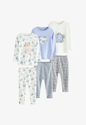 Drei Sets aus Kinder-Langarmshirts und Leggings mit Blumenmustern und Applikationen von Tieren oder Blumen in Blau, Weiß und Lavendel.