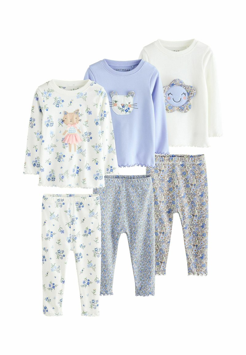 Trois ensembles de hauts à manches longues et leggings pour enfants avec des motifs floraux et des appliques d'animaux ou de fleurs en bleu, blanc et lavande.