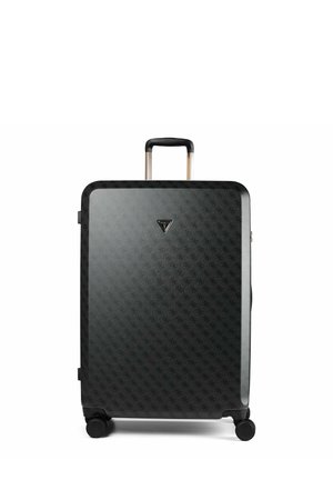 Black hard-shell suitcase with subtle logo pattern, telescoping handle, four wheels, and a small triangular brand emblem on front.