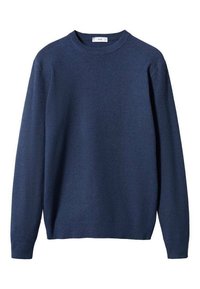 Navy blue knitted sweater with a crew neckline, long sleeves, ribbed cuffs and hem, featuring a textured pattern throughout the fabric.
