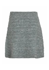 Falda mini de punto gris con un patrón texturizado. Cuenta con una cinturilla ajustada y un corte recto. El material tiene un aspecto suave y tejido.