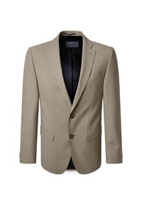 Beiger Herren-Blazer mit zwei Knöpfen, Reverskragen, Klappentaschen und schwarzer Innenausstattung.