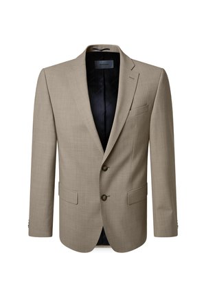 Beige herenblazer met twee knopen, notch-kraag, klepzakken en een zwarte binnenvoering.