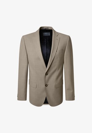 Beige men's blazer with two buttons, notch lapel, flap pockets, and black inner lining.
