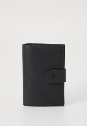 Black textured wallet with a rectangular shape, featuring a snap closure and a subtle embossed logo on the front.