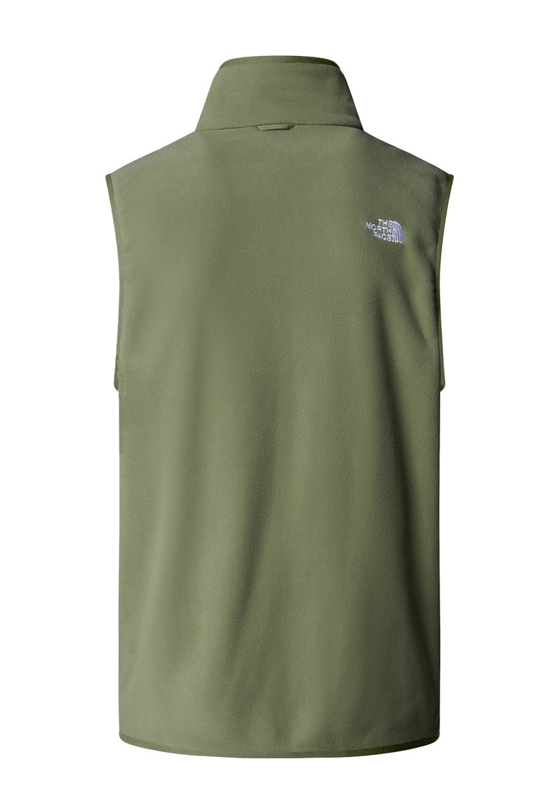 Grüner Fleece-Westen mit hohem Kragen, ärmellosem Design und kleinem weißen Logo auf dem Rücken. Weicher Textur und nahtlose Verarbeitung.