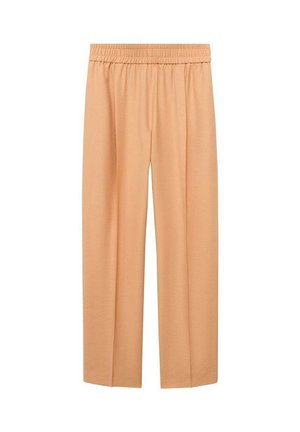 Peach-colored wide-leg trousers, featuring a soft fabric, elastic waistband, and straight cut, providing a relaxed fit.