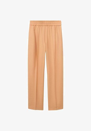 Persikanväriset leveät housut, joissa on pehmeä kangas, joustava vyötärö ja suora leikkaus, tarjoten rentoa istuvuutta.