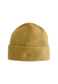 Mustard yellow knit beanie hat with a ribbed texture and a folded cuff. Features a small, embroidered logo on the front.