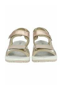 Lightweight sandals with adjustable metallic rose straps, textured beige material, open-toe design, and a white rubber sole.