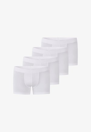 Four pairs of white boxer briefs featuring a smooth fabric, elastic waistband, and a fitted design with a contoured pouch.
