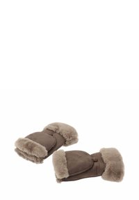 Brązowe zamszowe rękawiczki z miękkim beżowym futrzanym mankietem, zapinane na guzik, o zaokrąglonym, wyściełanym kształcie. Idealne na ciepło i komfort.