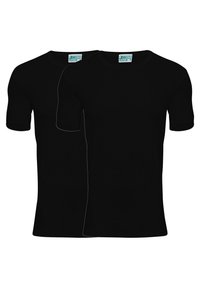 Sorte bomulds t-shirts med korte ærmer, rund halsdesign, og en glat tekstur. To skjorter vises, og de har identisk stil.