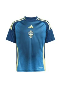 Modrý fotbalový dres s krátkým rukávem, s gradientn�ím vzorem, kontrastními žlutými akcenty a logem národního týmu Švédska uprostřed.