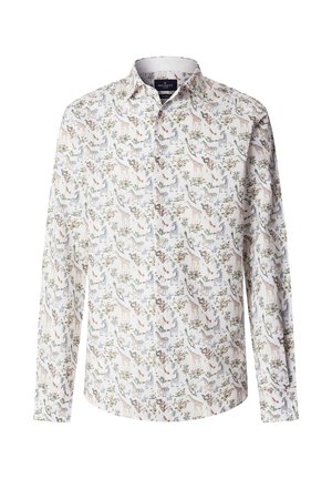 White long-sleeve button-up shirt with collar, featuring an all-over pattern of giraffes, zebras, birds, and foliage in soft colors.