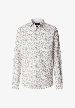 White long-sleeve button-up shirt with collar, featuring an all-over pattern of giraffes, zebras, birds, and foliage in soft colors.