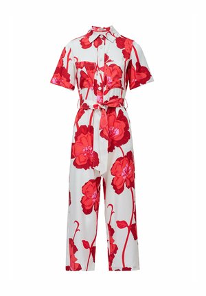 Mono floral de tela blanca con grandes flores rojas. Presenta mangas cortas, cuello con solapa, cierre de botones y una cintura anudada.