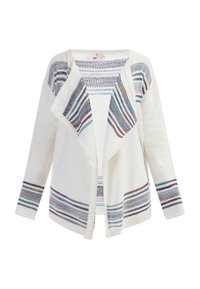 Weißer Strickcardigan mit einem breiten Kragen, gestreiften Mustern in Blau, Rot und Grün an den Schultern und Ärmeln.