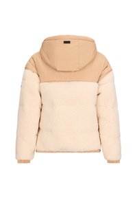 Giacca puffy beige con cappuccio, caratterizzata da una parte inferiore in morbido e texturizzato shearling e una parte superiore liscia, polsini a costine e dettagli delle cuciture.