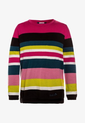 Pull en maille à manches longues avec des rayures horizontales de couleurs rose, noir, vert, blanc, sarcelle et violet sur fond blanc.