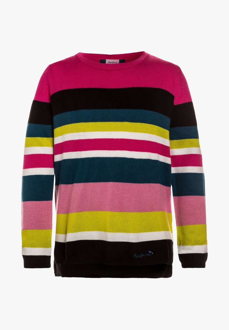 Pull en maille à manches longues avec des rayures horizontales de couleurs rose, noir, vert, blanc, sarcelle et violet sur fond blanc.