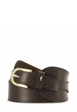 Brązowy skórzany pasek z złotą metalową klamrą, z przeszytymi brzegami i gładką powierzchnią, zaprojektowany w prostym, zakrzywionym kształcie.