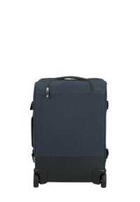 Rollkoffer aus dunkelblauem Stoff, rechteckige Form mit glatter Textur, akzentuiert durch einen schwarzen unteren Abschnitt und einen ausziehbaren Griff.