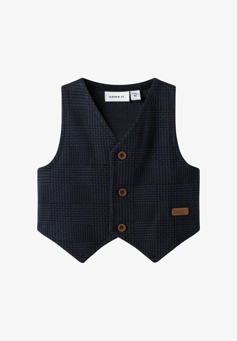 Marinefarbener karierter Weste aus strukturiertem Stoff, mit V-Ausschnitt, drei braunen Knöpfen und einem Lederetikett auf der unteren rechten Seite.