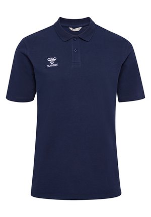 Marineblauwe polo shirt van gestructureerde katoen, met een kraag, korte mouwen en een klein wit geborduurd logo op de linkerkant van de borst.