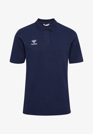 Granatowa koszulka polo wykonana z teksturowanej bawełny, z kołnierzykiem, krótkimi rękawami i małym białym wyszytym logo po lewej stronie klatki piersiowej.