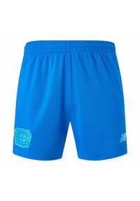 Pantalones cortos deportivos azules con una cintura elástica. Presentan un logo del Bayer Leverkusen en el muslo izquierdo y la marca New Balance en el lado derecho.