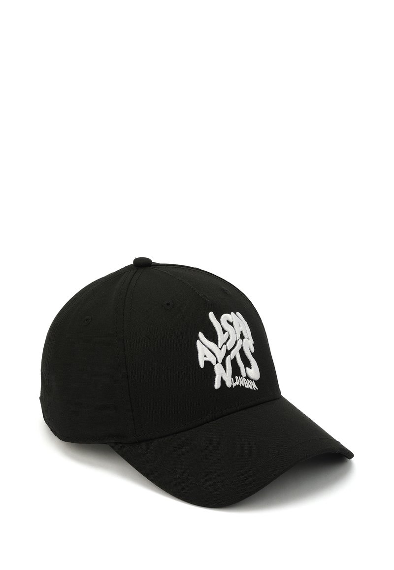 Black baseball cap made of cotton with a structured design, featuring white embroidered text on the front, and a curved brim.