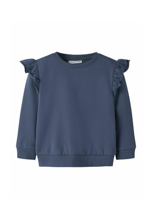 Mørkeblå langærmet sweatshirt med flæsedetaljer på skuldersømme og ribstrikkede manchetter og kant.