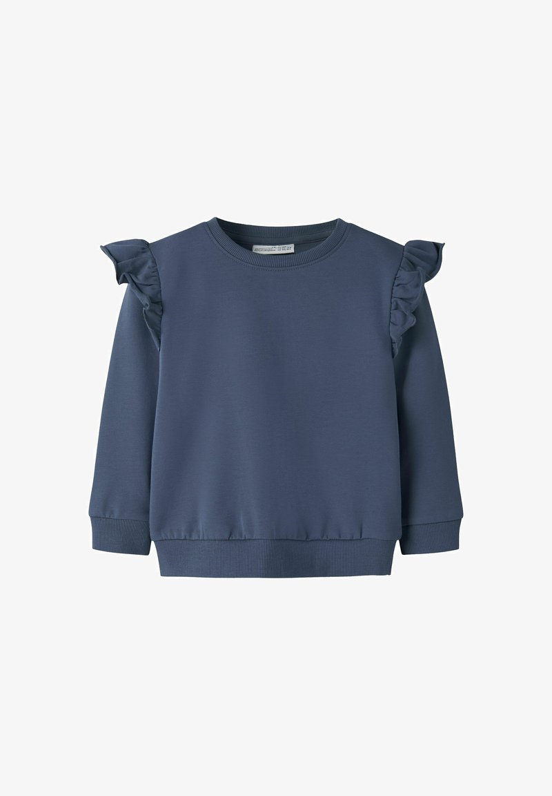 Sweat-shirt bleu marine à manches longues avec des détails en tissu froncé sur les coutures des épaules et des poignets et ourlet côtelés.