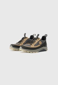 Buty trekkingowe w brązowo-czarnym i szarym designie. Charakteryzują się teksturowanym wierzchem, wyściełanym kołnierzem oraz gumową podeszwą z wzorami zwiększającymi przyczepność.