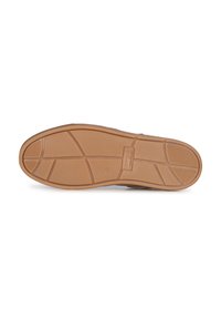 Schuhsohle mit einer strukturierten Gummi-Oberfläche, in brauner Farbe und mit einem Wabenmuster, ausgelegt für Griff und Langlebigkeit.