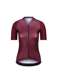 Jersey de ciclismo de manga corta en burdeos con un patrón texturizado, cremallera frontal y un dobladillo curvado. El tejido parece ligero y transpirable.