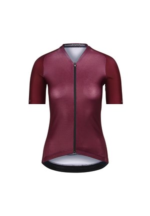 Korte mouwen fietsjersey in bordeaux met een gestructureerd patroon, voorrits en een gebogen zoom. De stof lijkt lichtgewicht en ademend te zijn.