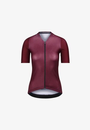 Maillot de cyclisme à manches courtes bordeaux avec un motif texturé, fermeture éclair à l'avant et ourlet arrondi. Le tissu semble léger et respirant.