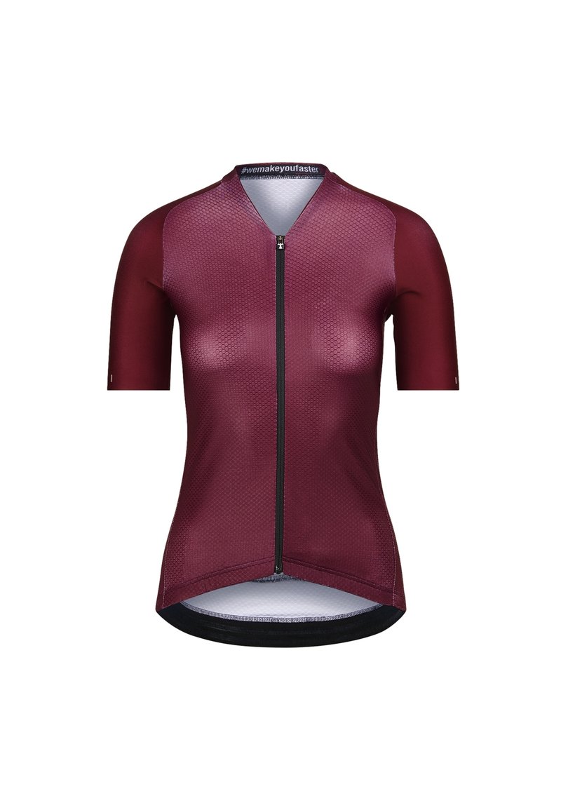 Jersey de ciclismo de manga corta en burdeos con un patrón texturizado, cremallera frontal y un dobladillo curvado. El tejido parece ligero y transpirable.