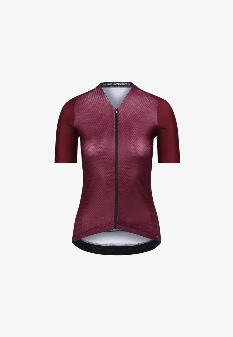 Jersey de ciclismo de manga corta en burdeos con un patrón texturizado, cremallera frontal y un dobladillo curvado. El tejido parece ligero y transpirable.